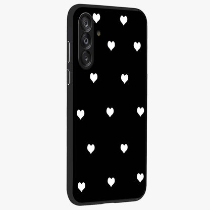 Cute And Simple White Hearts Glass Case upright view showcasing simple white hearts artwork with soft minimal theme.