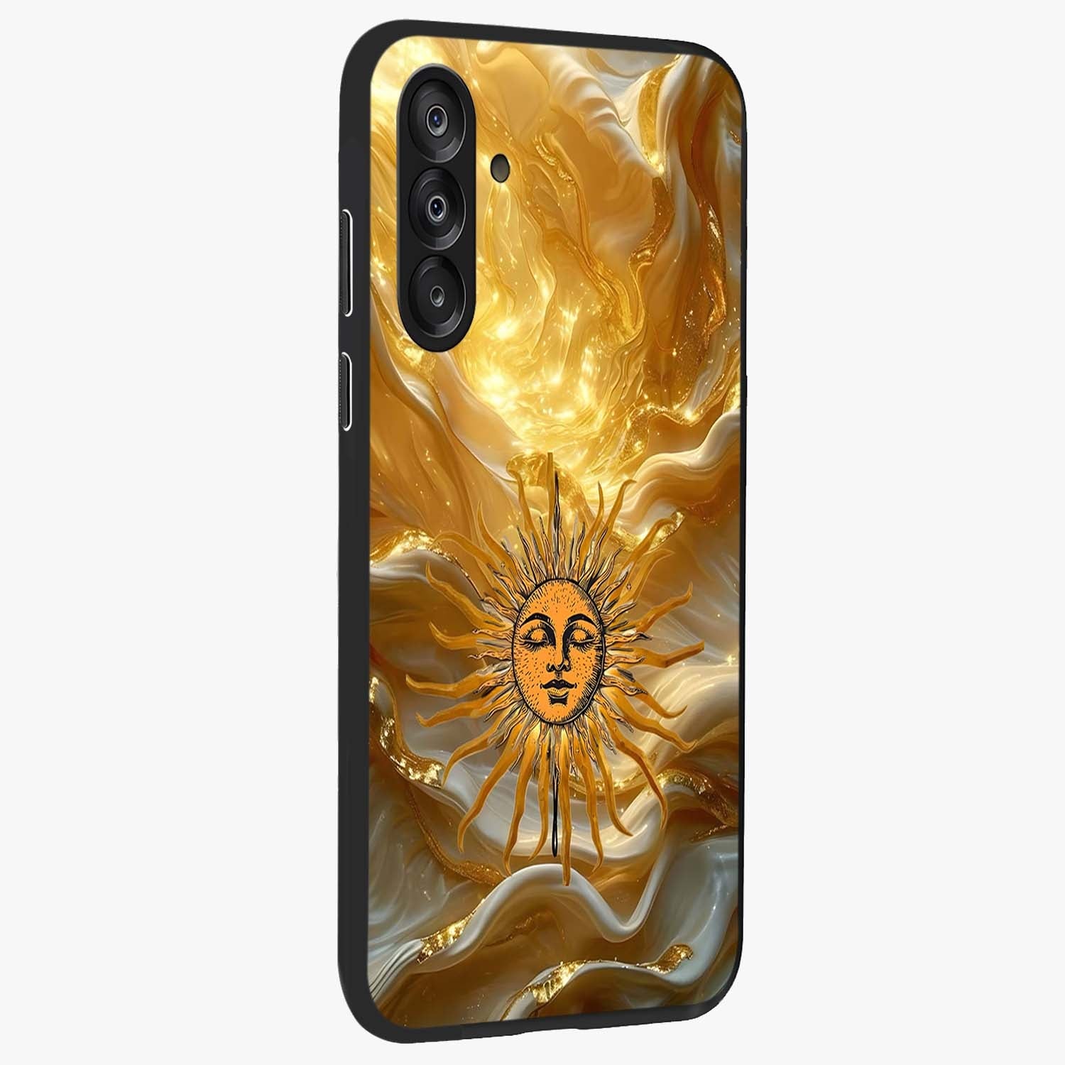 Eternal Golden Glow Glass Case upright view showcasing luminous golden artwork with luxurious visual theme.