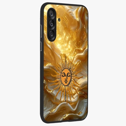Eternal Golden Glow Glass Case upright view showcasing luminous golden artwork with luxurious visual theme.