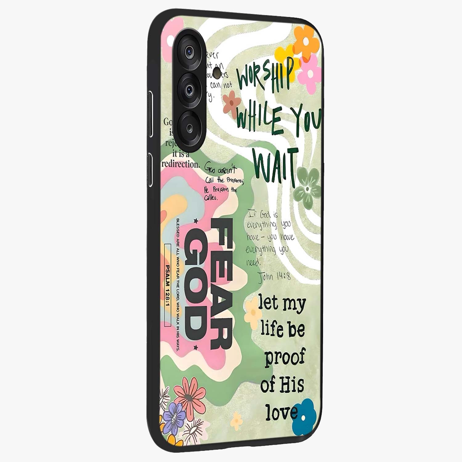 Faith Over Fear Glass Case upright view showcasing bold typography artwork with uplifting motivational theme.