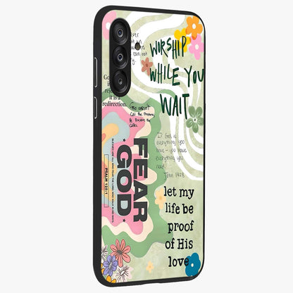 Faith Over Fear Glass Case upright view showcasing bold typography artwork with uplifting motivational theme.