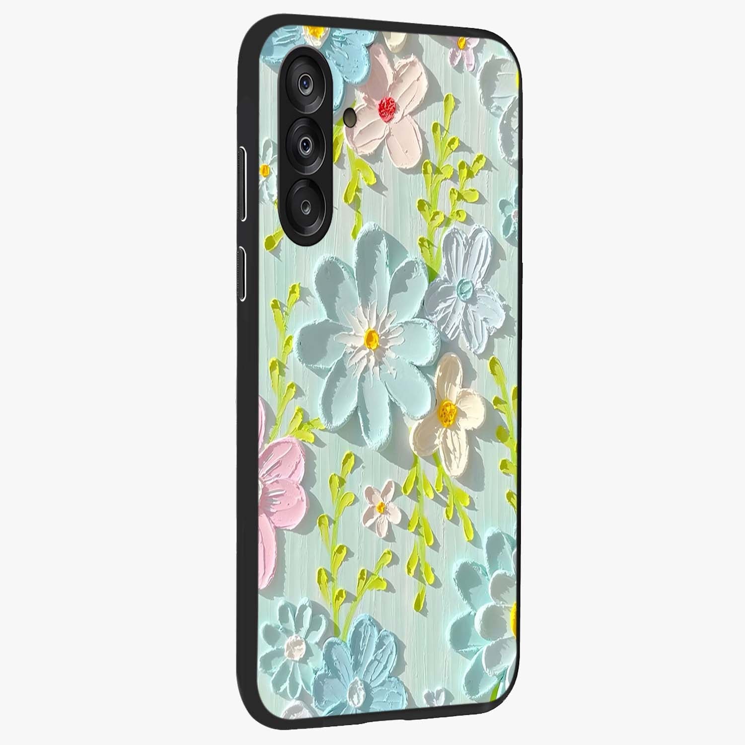 Frosted Petal Garden Glass Case upright view showcasing elegant floral garden artwork with soothing pastel theme.