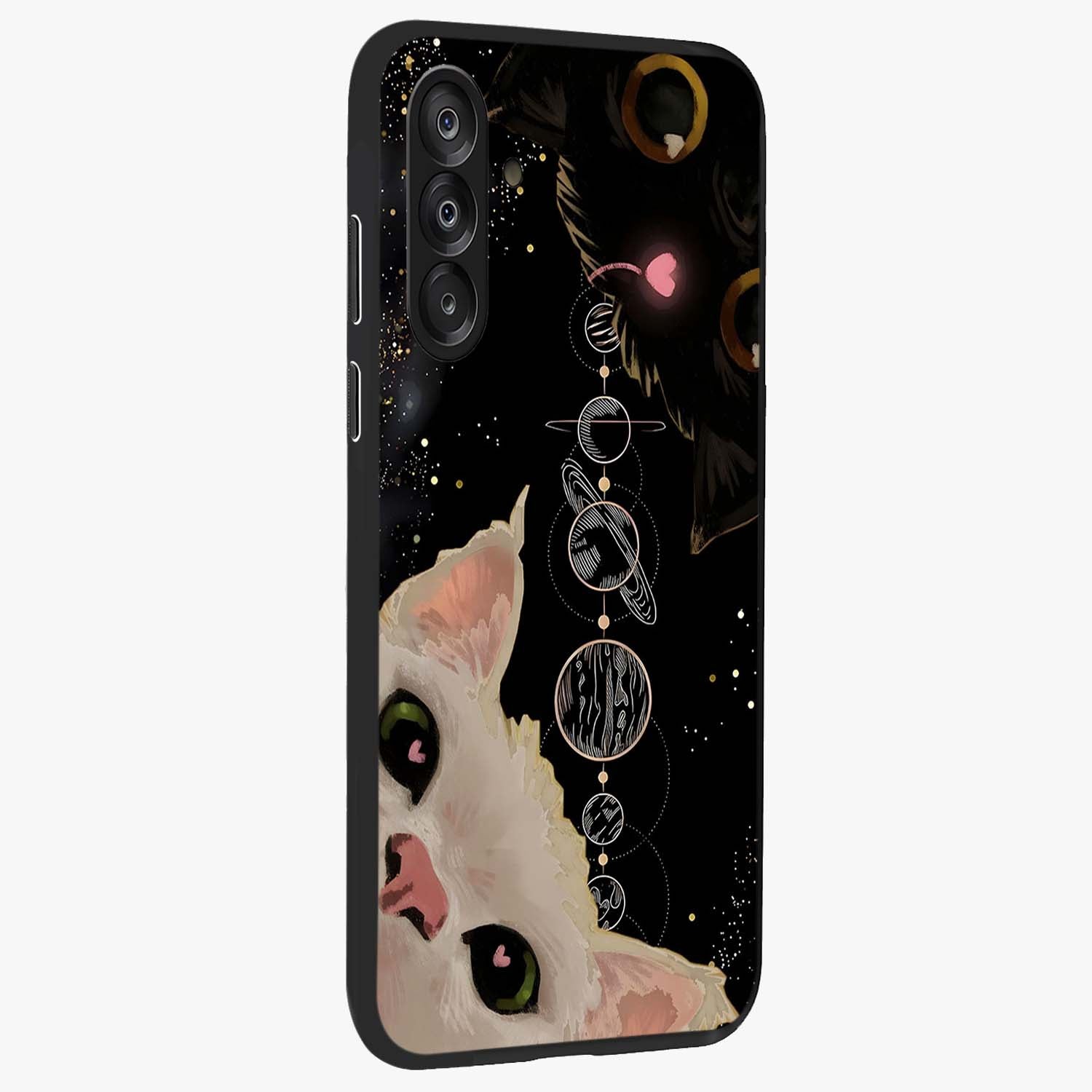 Galactic Cat Glass Case upright view showcasing mystical cat artwork with dreamy cosmic theme.