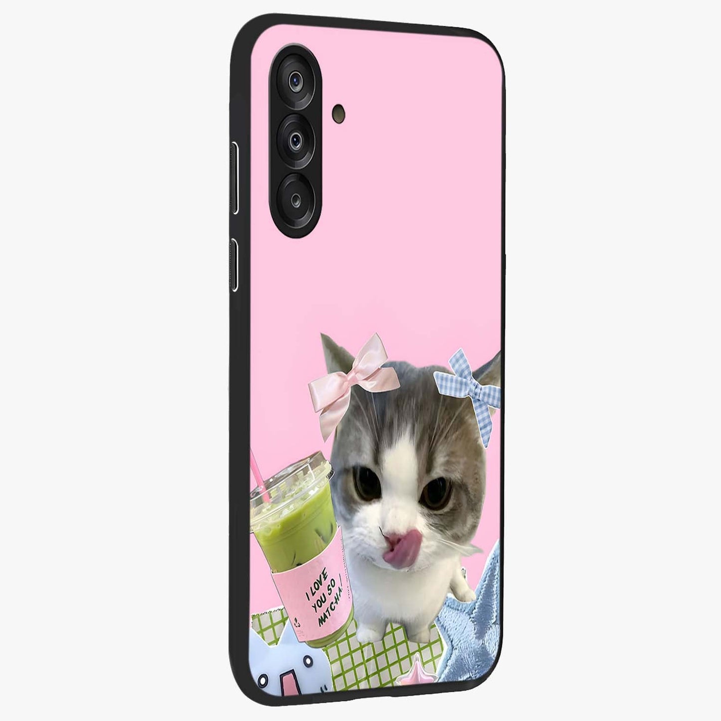Love Matcha Cat Glass Case upright view showcasing adorable cat artwork with charming matcha themed design.