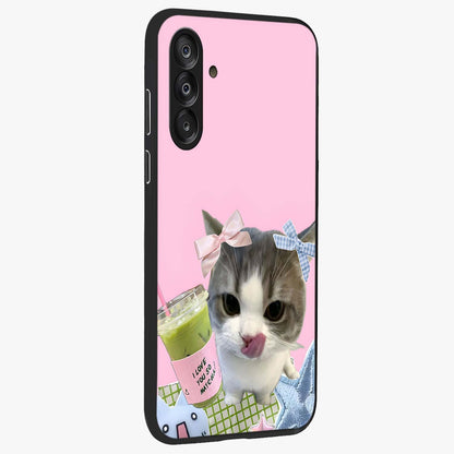 Love Matcha Cat Glass Case upright view showcasing adorable cat artwork with charming matcha themed design.