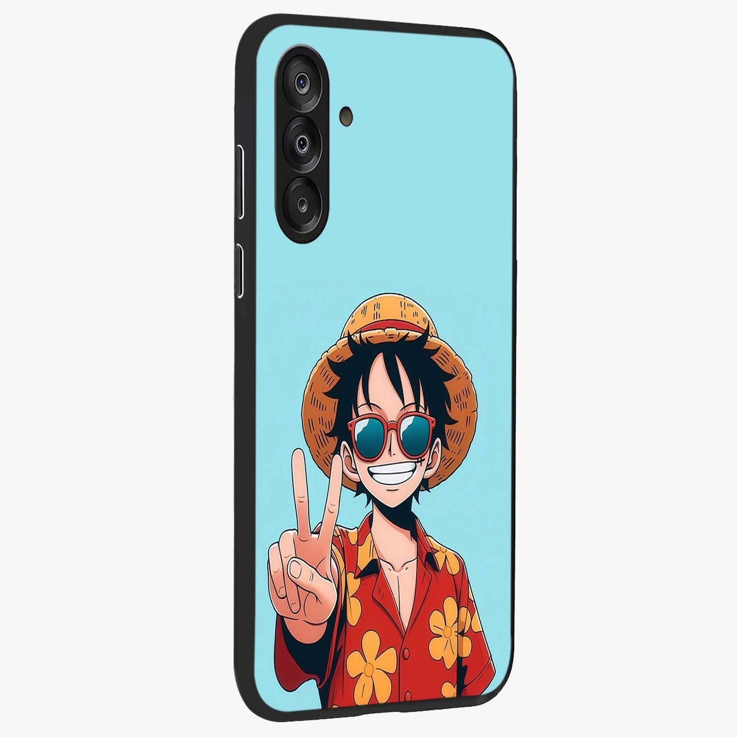 Luffy Summer Anime Vibe Glass Case upright view showcasing dynamic anime artwork with bright adventurous theme.