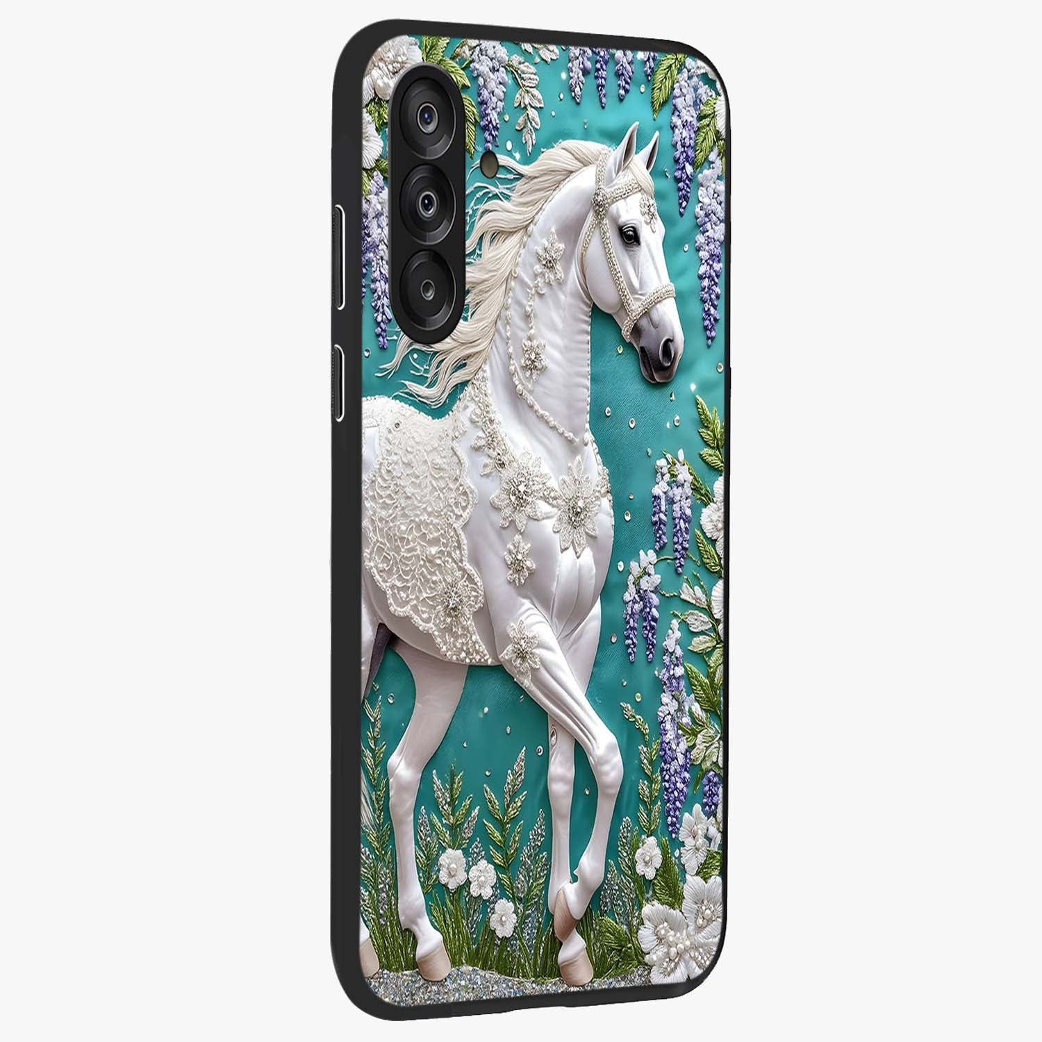 Majestic Floral Stallion Glass Case upright view showcasing dramatic horse artwork with decorative floral theme.