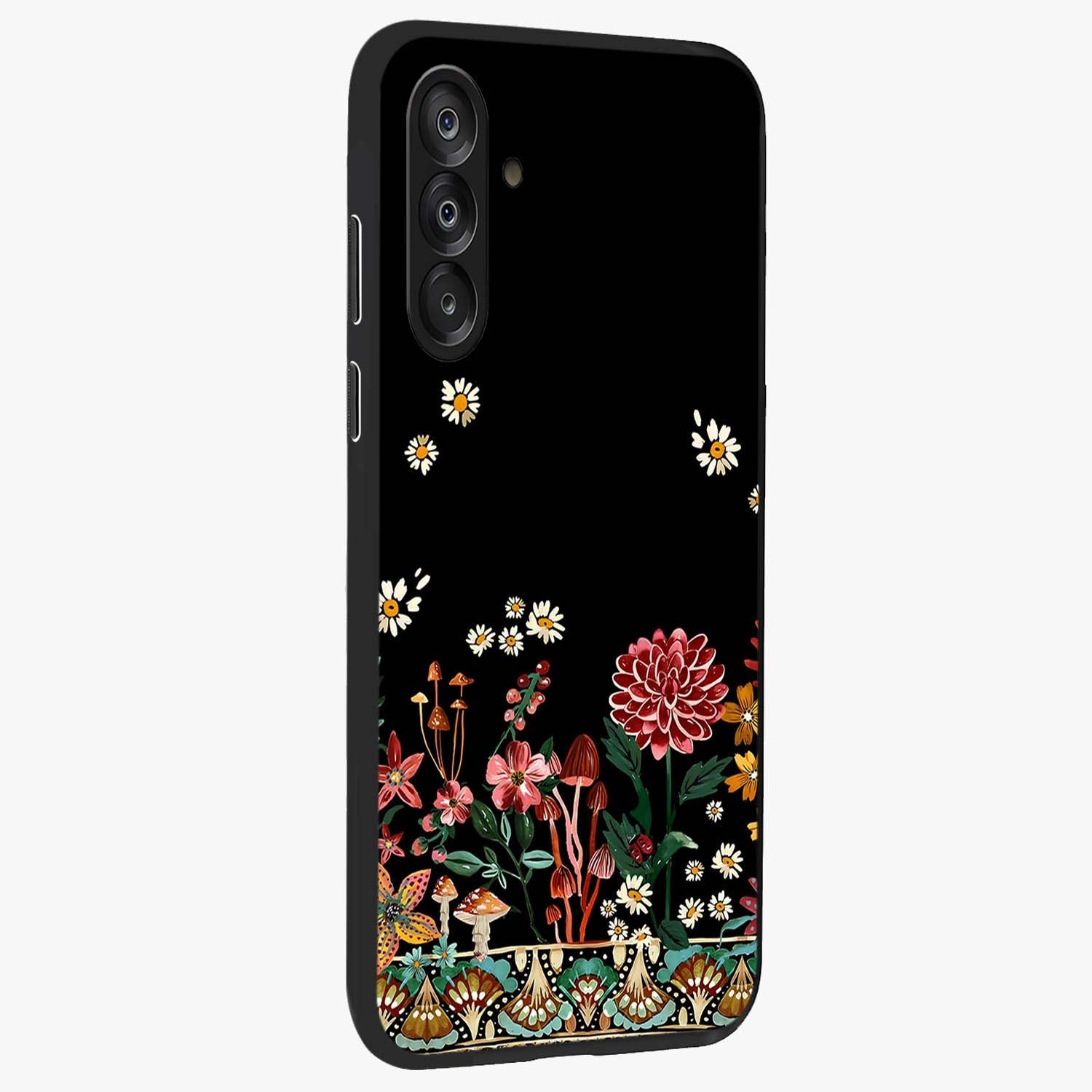 Midnight Bloom Pattern Glass Case upright view showcasing decorative floral artwork with deep night themed palette.