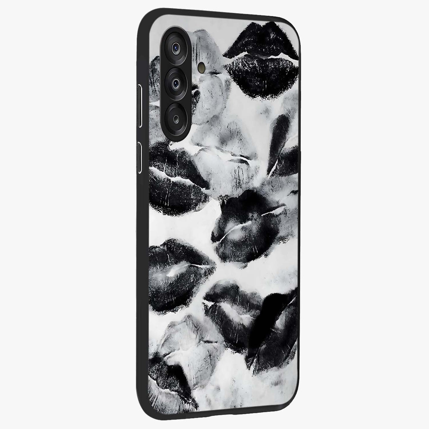 Midnight Kiss Marks Glass Case upright view showcasing stylish kiss mark artwork with trendy romantic theme.