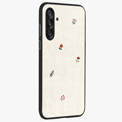 Minimalistic Blue With White Flower Pattern Glass Case upright view showcasing clean white flower artwork with calming blue theme.