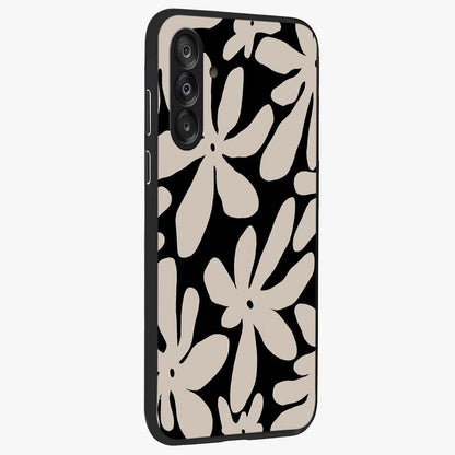 Monochrome Petal Dance Glass Case upright view showcasing artistic floral pattern with stylish monochrome theme.