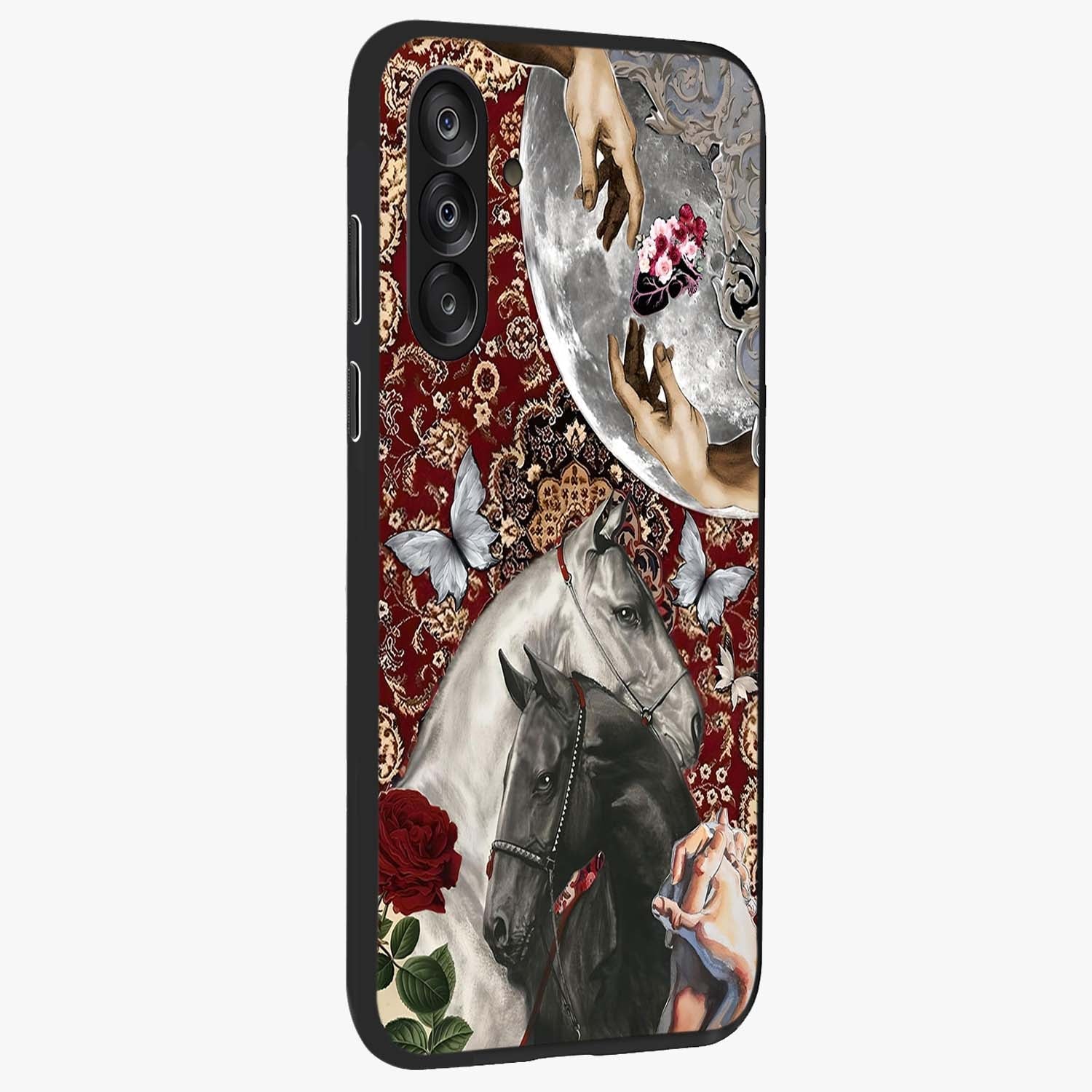 Moonlit Royal Stallion Glass Case upright view showcasing dramatic horse artwork with glowing moon themed design.