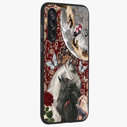 Moonlit Royal Stallion Glass Case upright view showcasing dramatic horse artwork with glowing moon themed design.