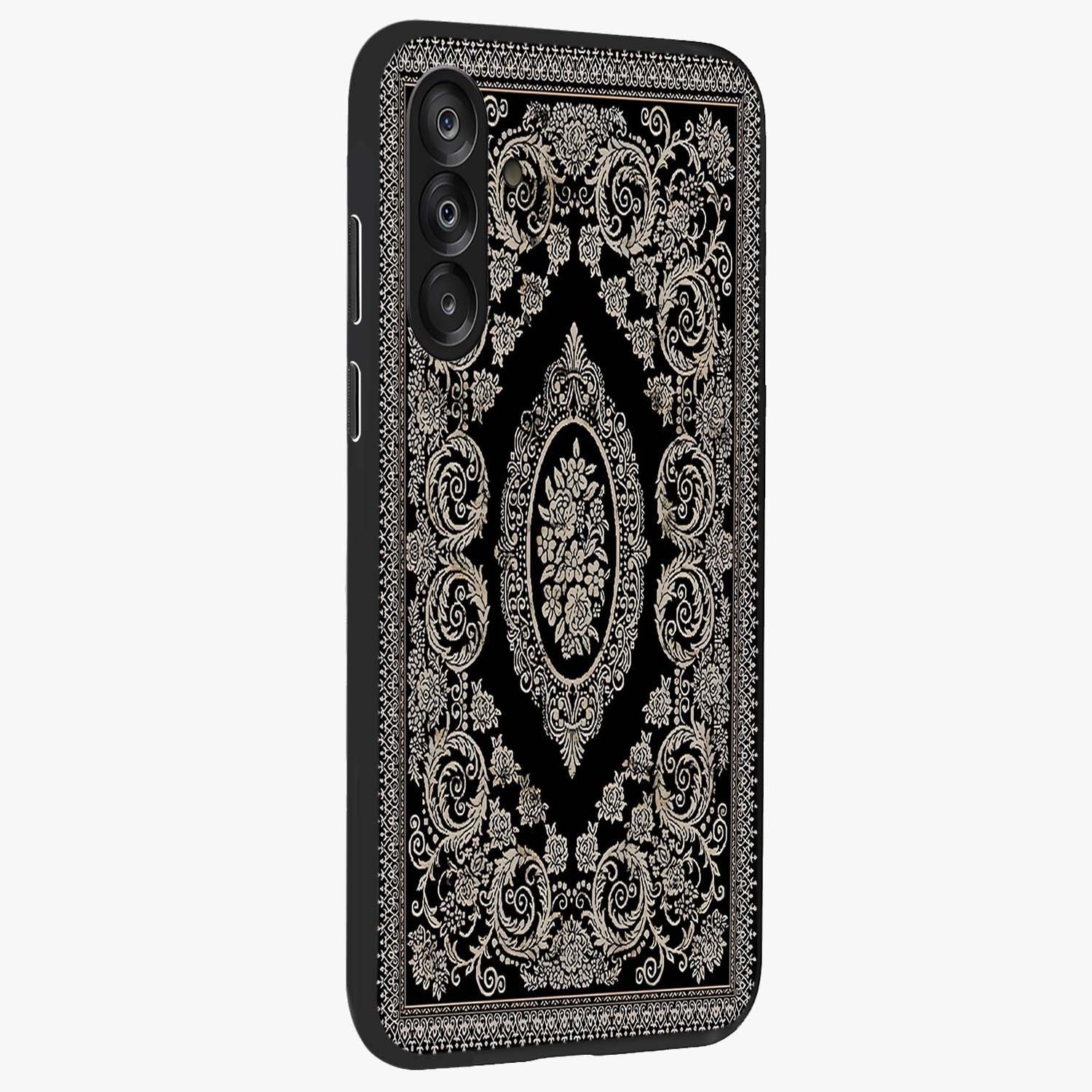 Noir Bloom Elegance Glass Case upright view showcasing graceful floral artwork with luxurious dark theme.