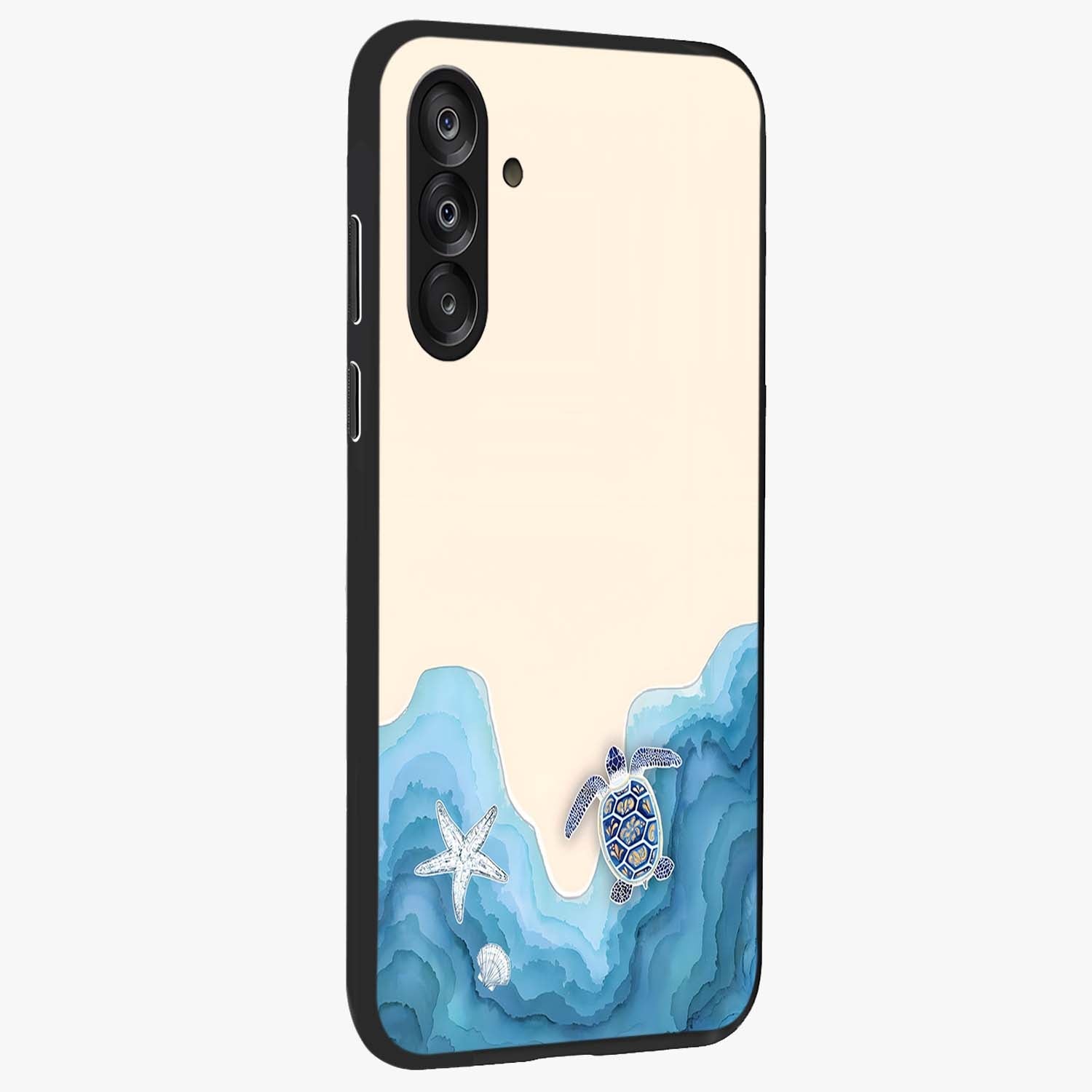 Ocean Drift Turtle Glass Case upright view showcasing calm underwater turtle artwork with nature inspired theme.