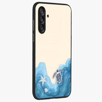 Ocean Drift Turtle Glass Case upright view showcasing calm underwater turtle artwork with nature inspired theme.
