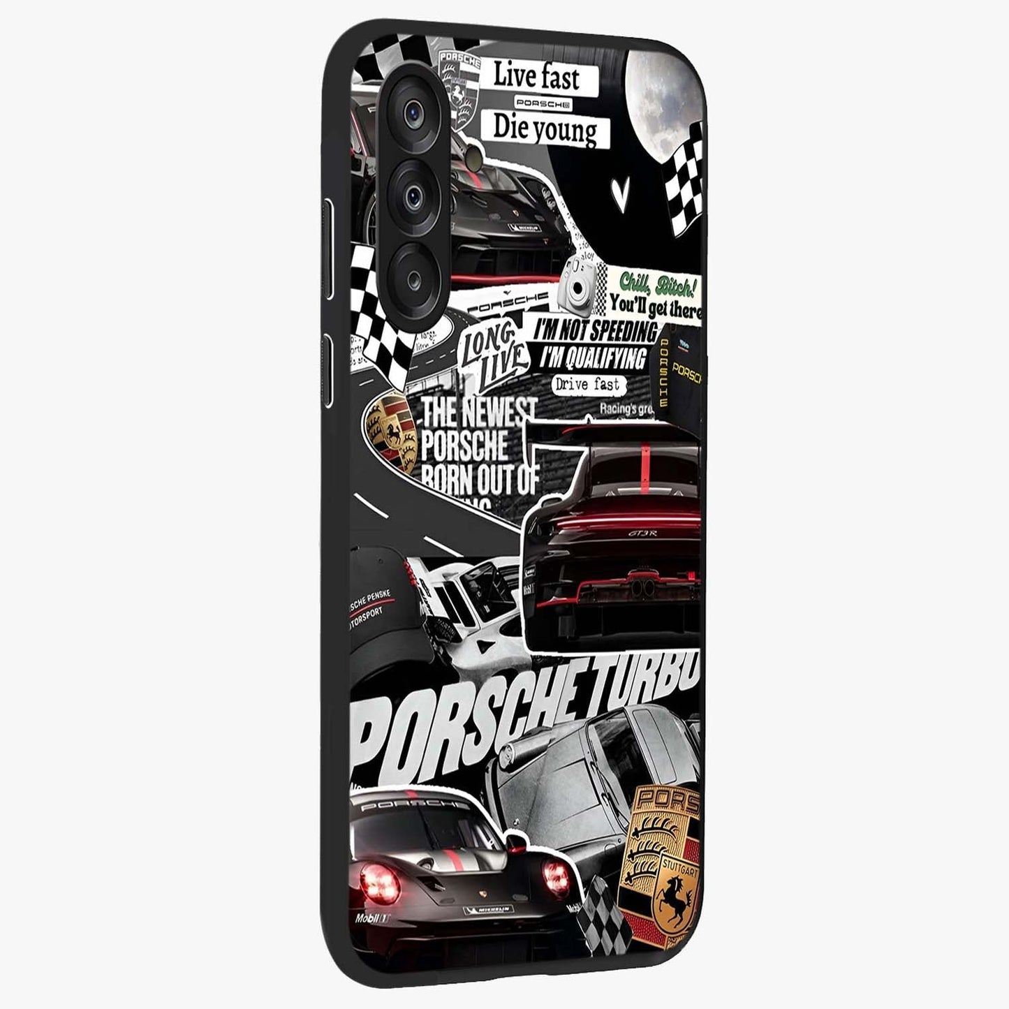 Porsche Racing Collage Glass Case upright view showcasing energetic car collage artwork with high speed racing theme.