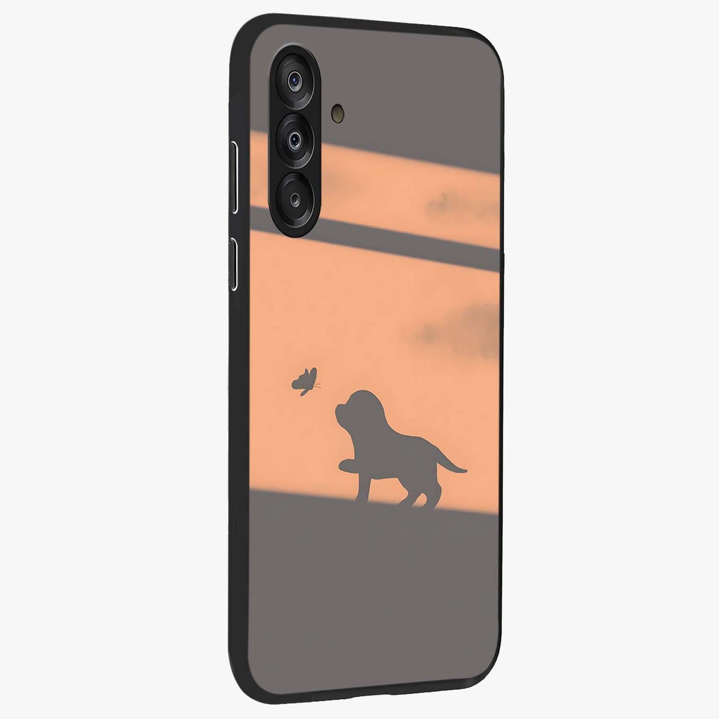 Puppy Shadow Art Glass Case upright view showcasing charming puppy artwork with creative silhouette theme.