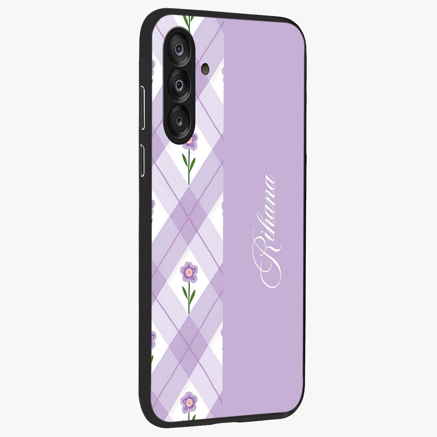 Purple Diamond Floral Glass Case upright view showcasing vibrant floral artwork with stylish geometric theme.