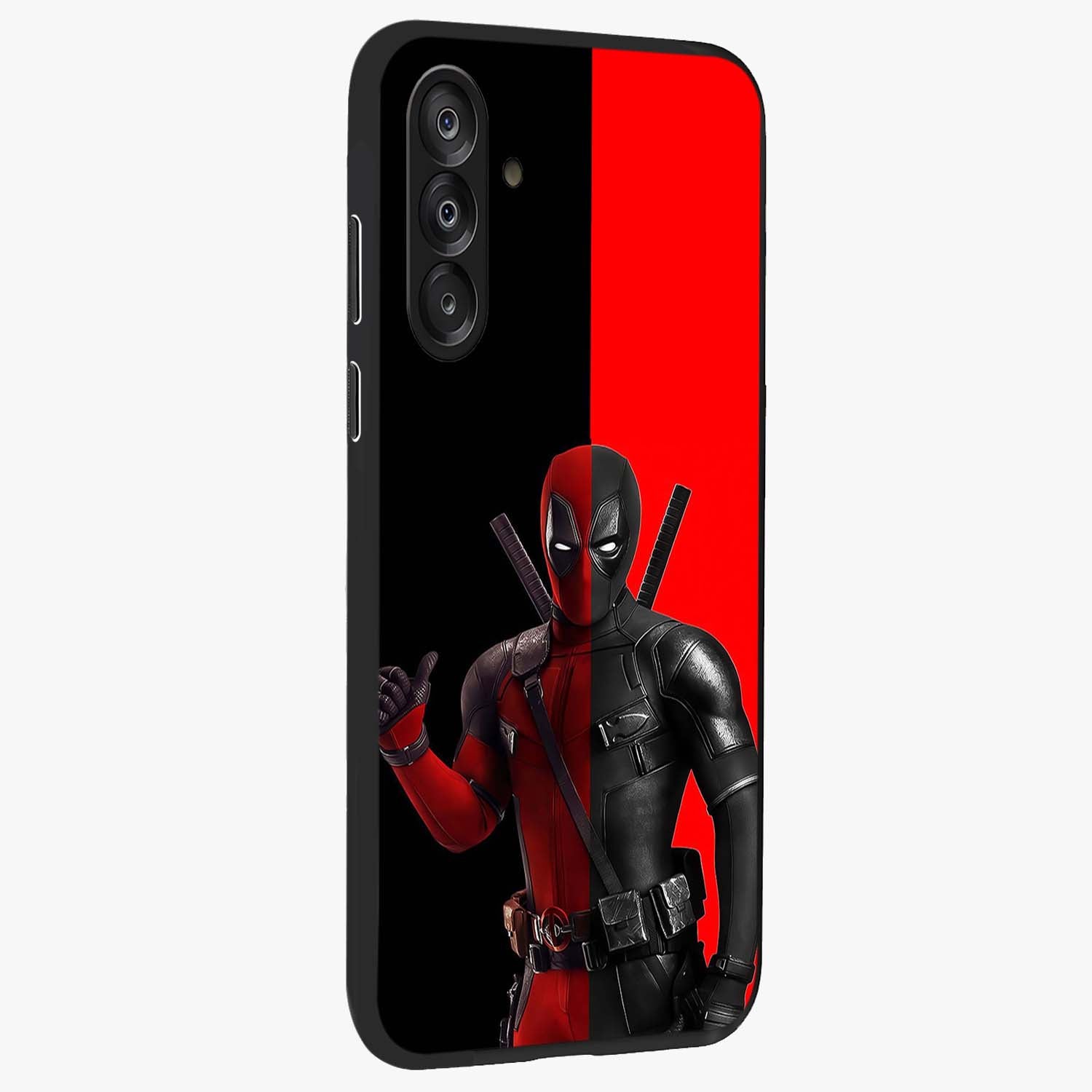 Red & Black Deadpool Theme Glass Case upright view showcasing energetic comic themed artwork with striking red and black design.