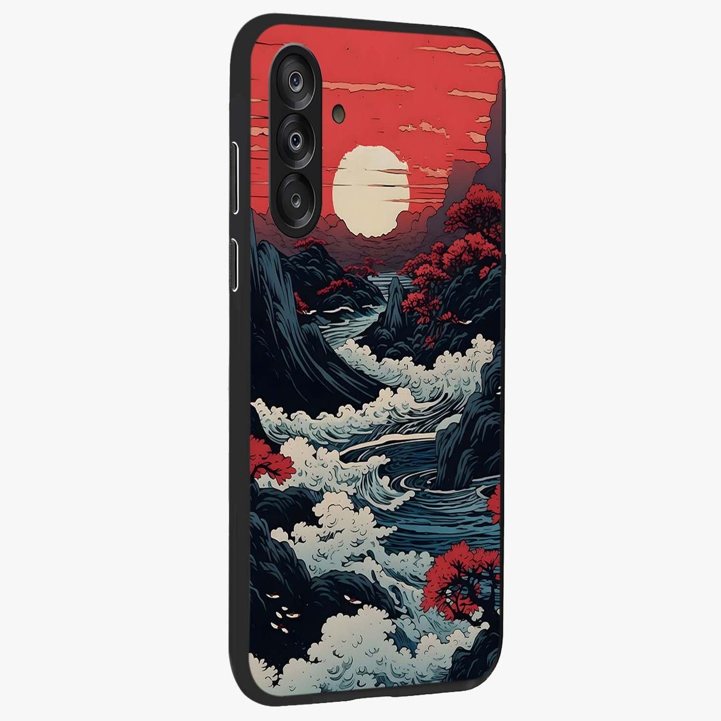Red Sunset Scenery Glass Case upright view showcasing dramatic sunset scenery artwork with warm nature theme.