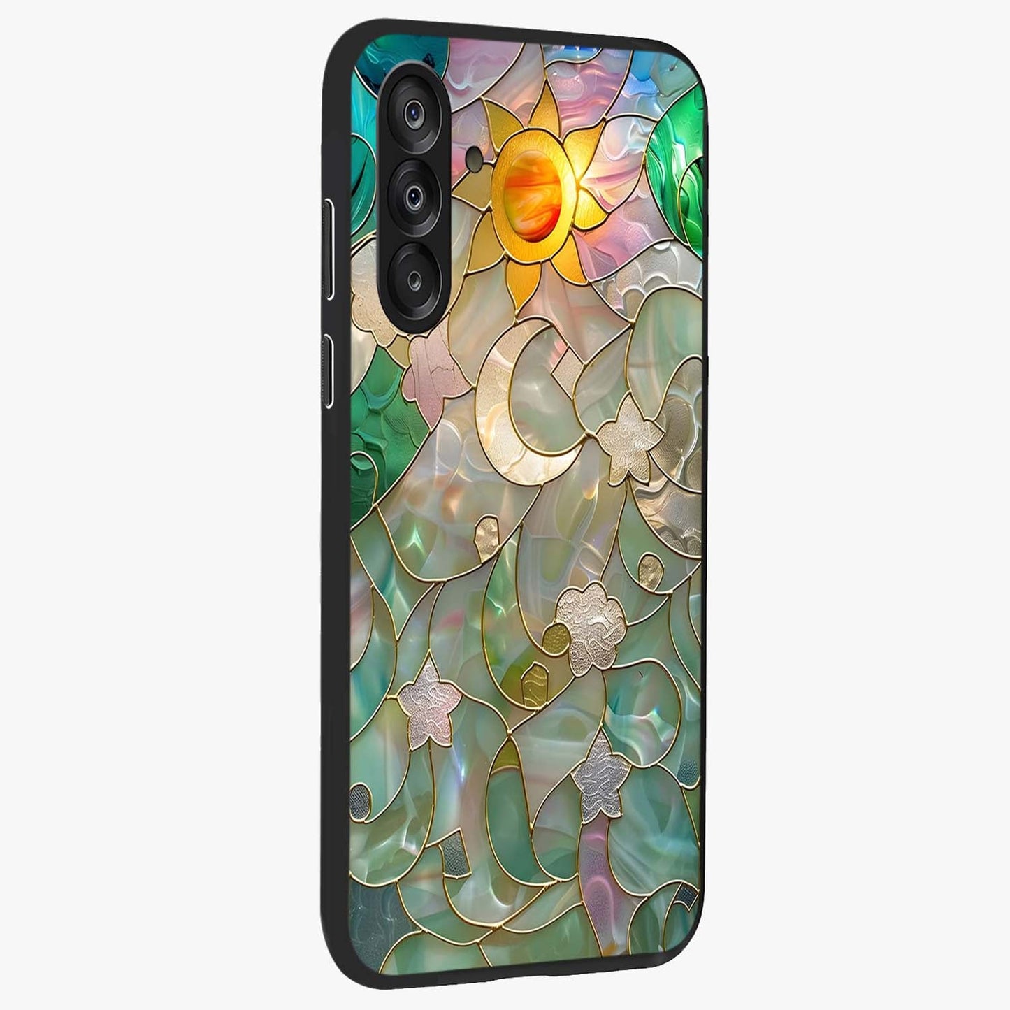 Stained Sunrise Glow Glass Case upright view showcasing colorful sunrise artwork with warm morning theme.