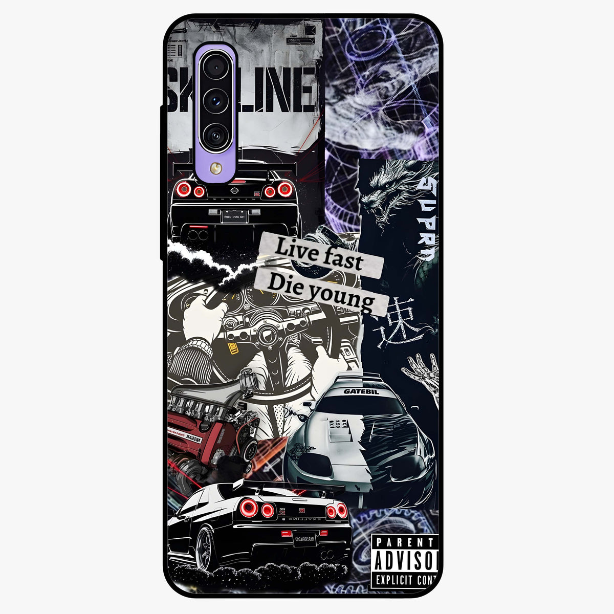 Die Young Glass Case showing flat back view with bold artistic typography design and glossy glass finish.