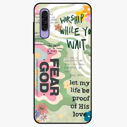 Faith Over Fear Glass Case showing flat back view with motivational typography artwork and glossy glass finish.