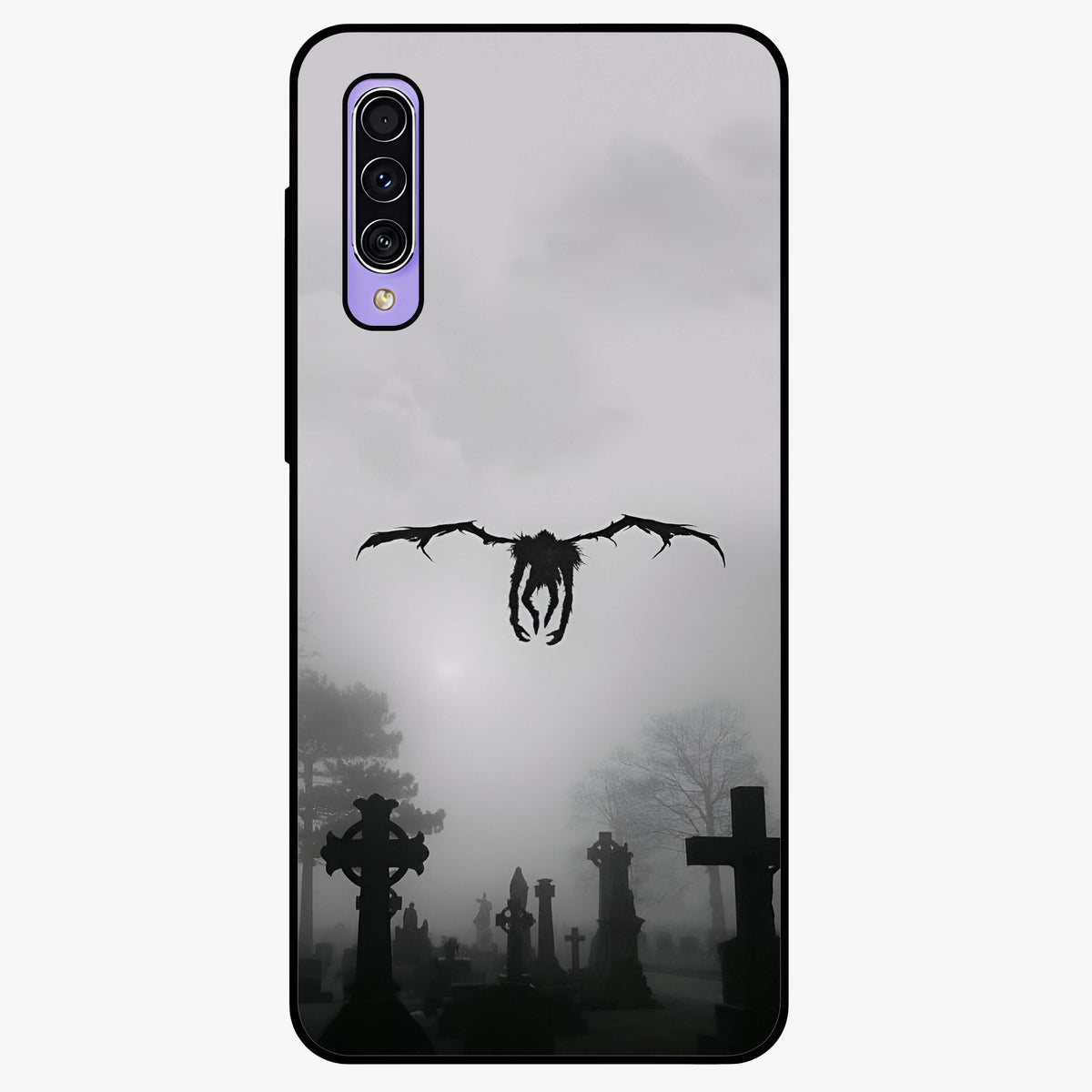 Graveyard Shadow Descent Glass Case showing flat back view with dark graveyard themed artwork and glossy glass finish.