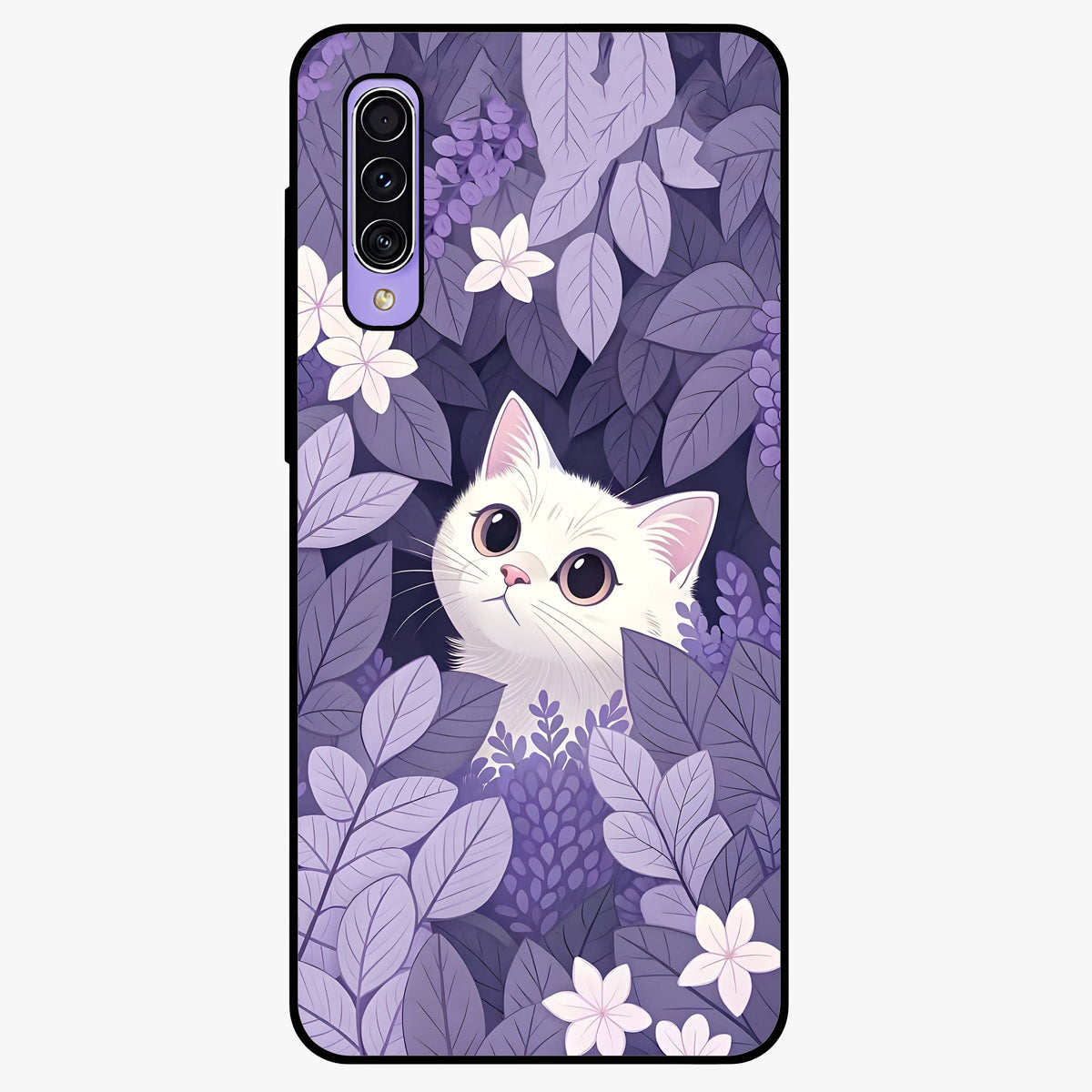 Lilac Hide Peek Cat Glass Case showing flat back view with cute peeking cat artwork and glossy glass finish.