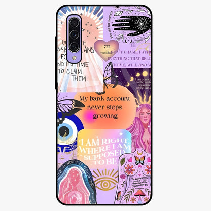 Manifestation Collage Glass Case showing flat back view with motivational collage artwork and glossy glass finish.