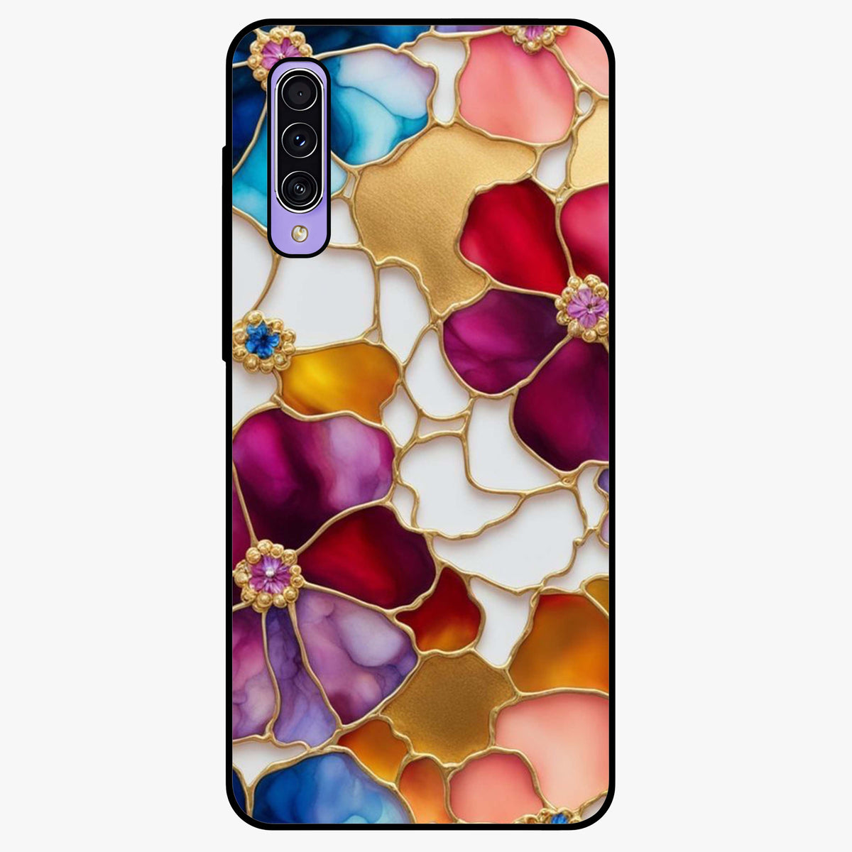 Marble Flower Pattern Glass Case showing flat back view with marble texture floral artwork and glossy glass finish.