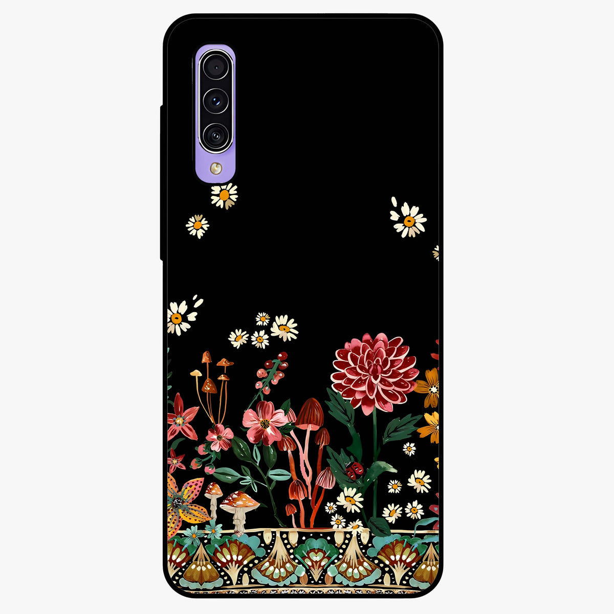 Midnight Bloom Pattern Glass Case showing flat back view with dark floral pattern artwork and glossy glass finish.