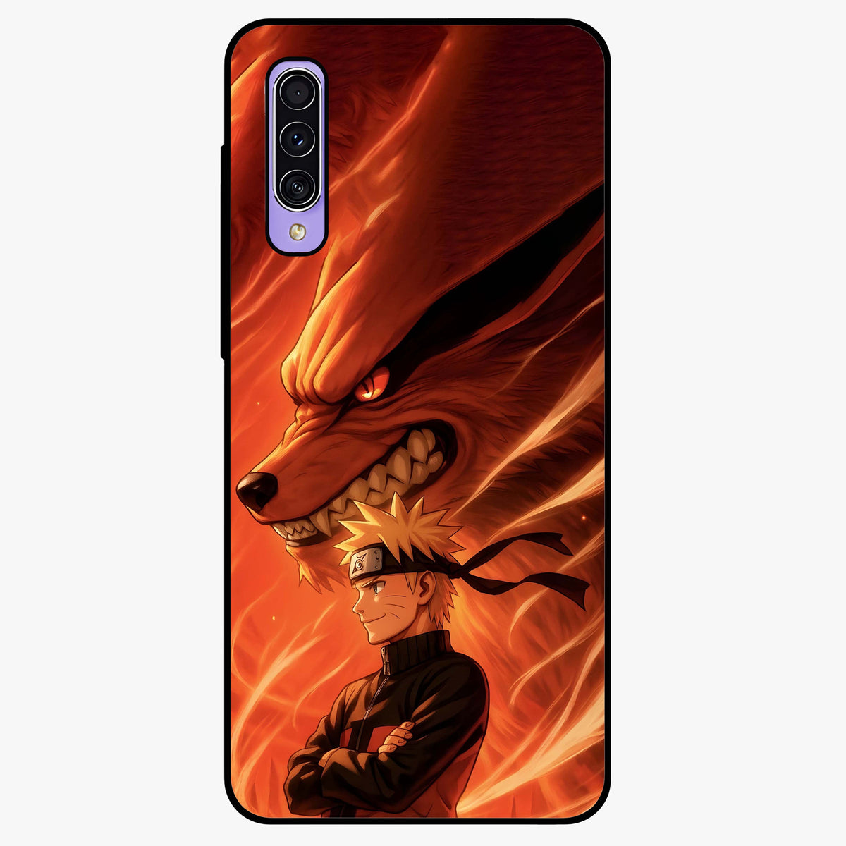 Nine Tails Legacy Glass Case showing flat back view with powerful nine-tailed fox inspired artwork and glossy glass finish.