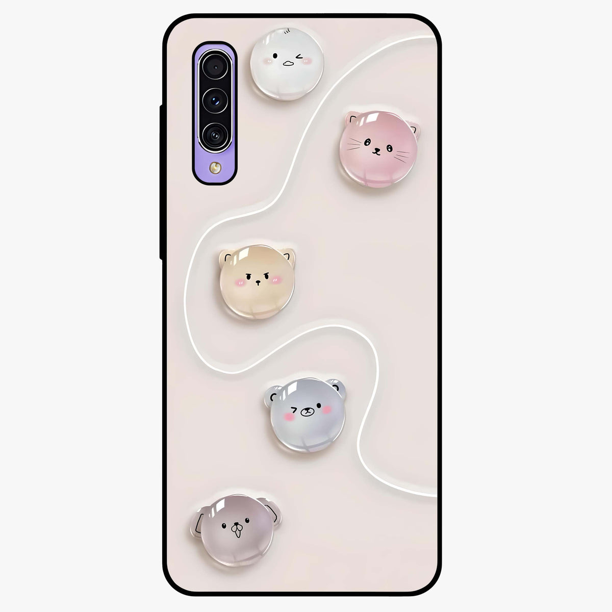 Puffy Face Parade Glass Case showing flat back view with cute puffy character faces artwork and glossy glass finish.