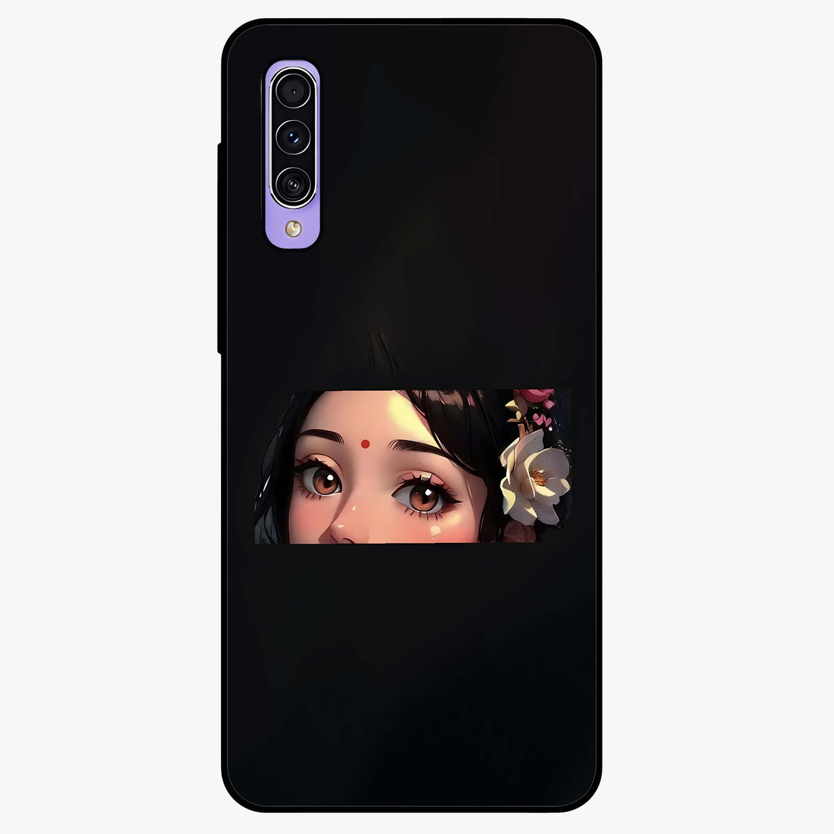 Radha Divine Embrace Glass Case showing flat back view with devotional Radha artwork and glossy glass finish.