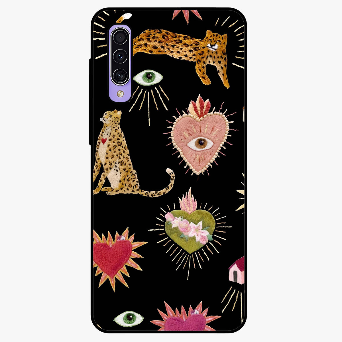 Sacred Jungle Heart Glass Case showing flat back view with jungle inspired heart artwork and glossy glass finish.