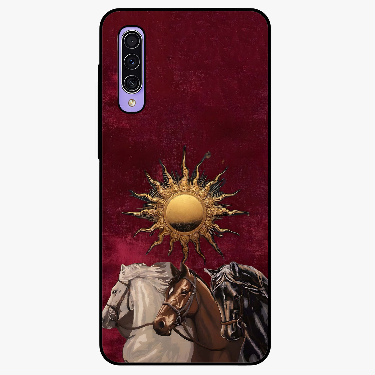 Solar Riders Glass Case showing flat back view with dynamic rider themed artwork and glossy glass finish.
