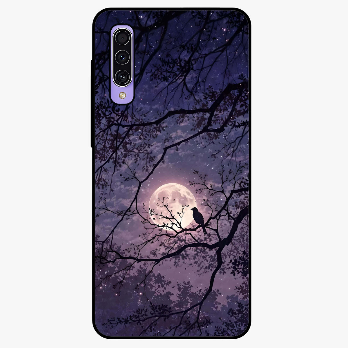 Whispering Moon Silence Glass Case showing flat back view with serene moon themed artwork and glossy glass finish.