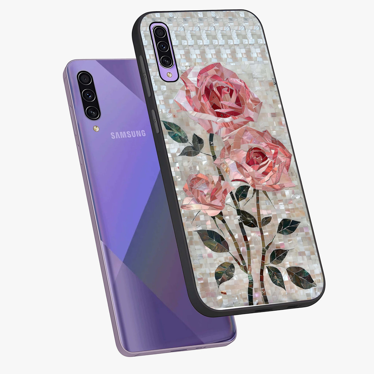 Blush Mosaic Bloom Glass Case displayed in angled mockup highlighting artistic mosaic flower pattern with aesthetic design.