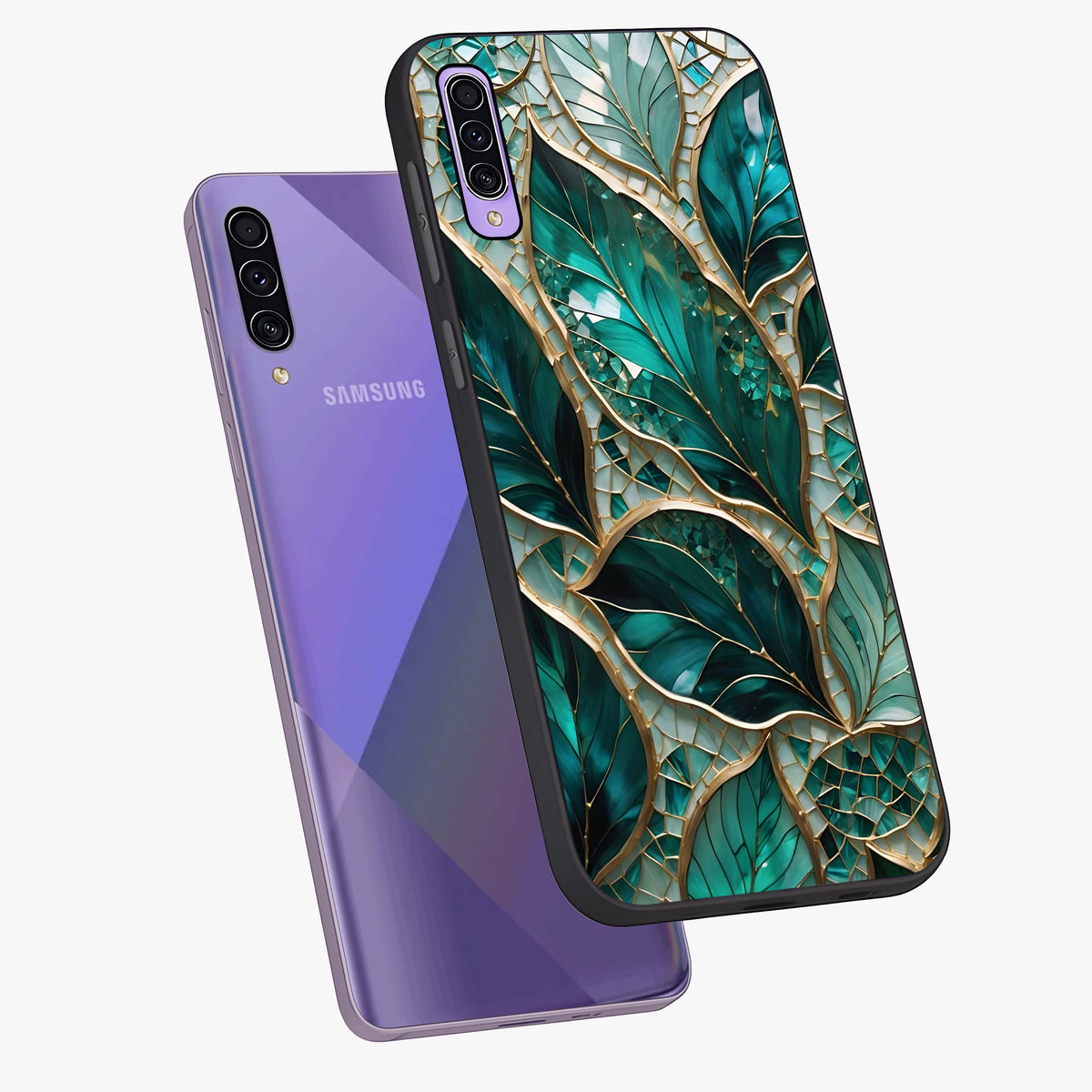 Emerald Leaf Glass Glass Case displayed in angled mockup highlighting botanical leaf illustration with elegant natural aesthetic.
