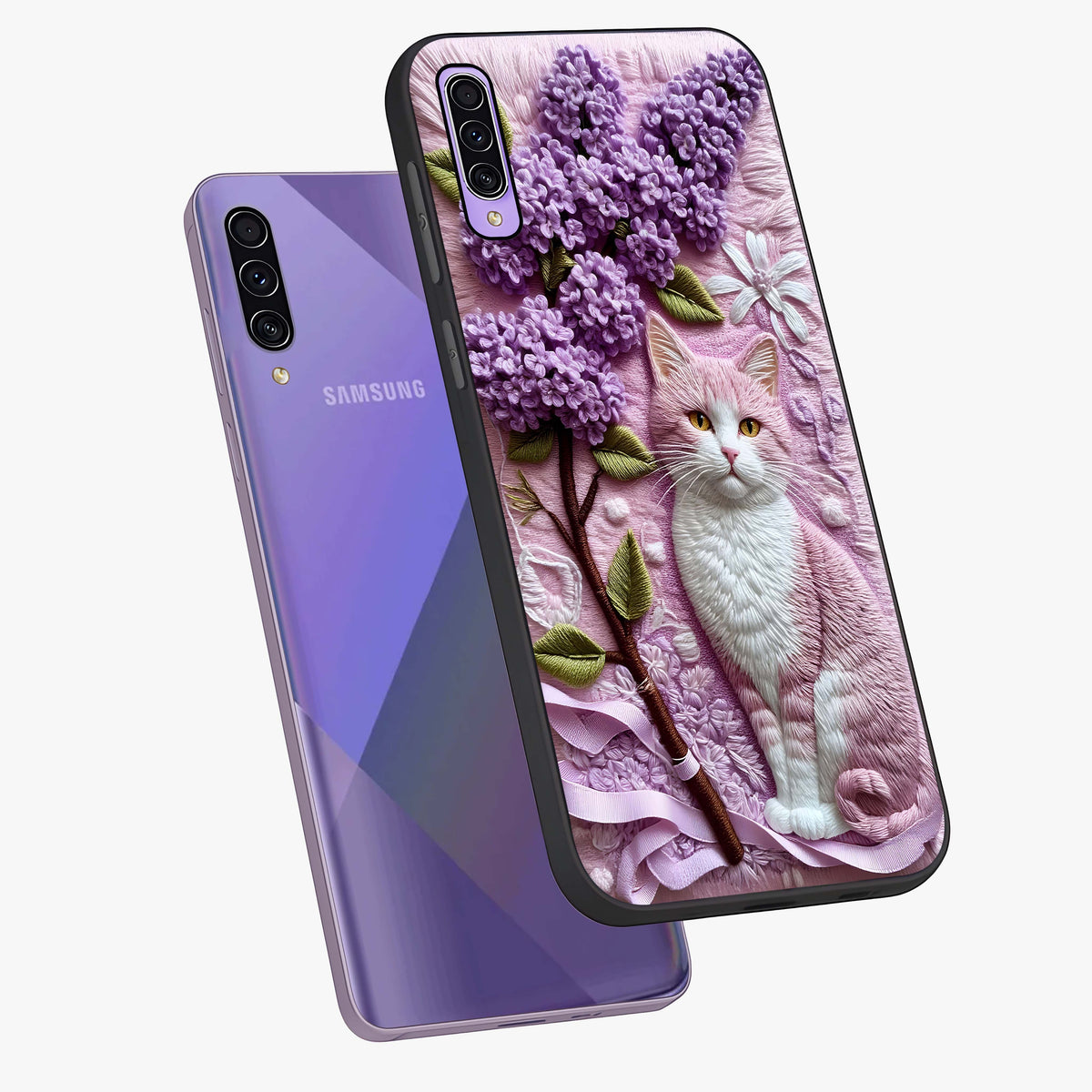 Lavender Cat Whimsy Glass Case displayed in angled mockup highlighting playful feline illustration with pastel lavender aesthetic.