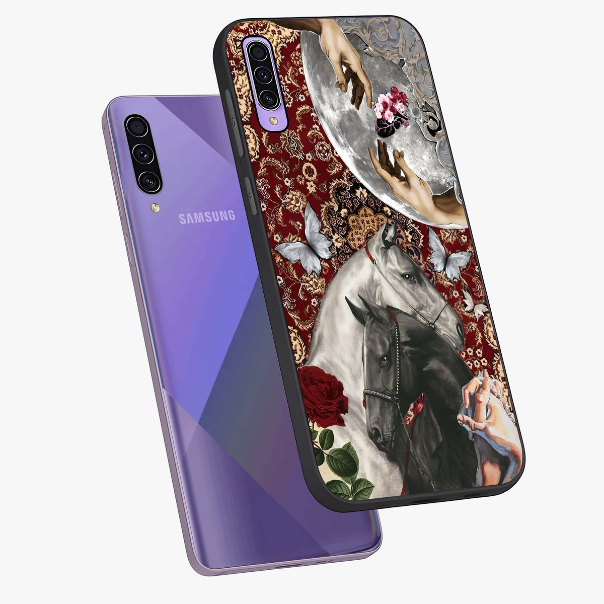 Moonlit Royal Stallion Glass Case displayed in angled mockup highlighting powerful stallion illustration with royal night aesthetic.