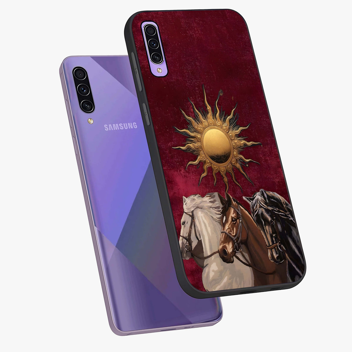 Solar Riders Glass Case displayed in angled mockup highlighting powerful rider illustration with radiant solar aesthetic.