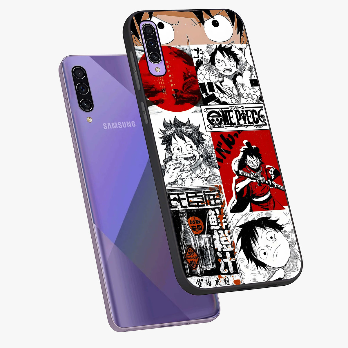 Strawhat Chaos Panels Glass Case displayed in angled mockup highlighting vibrant anime collage design with action aesthetic.