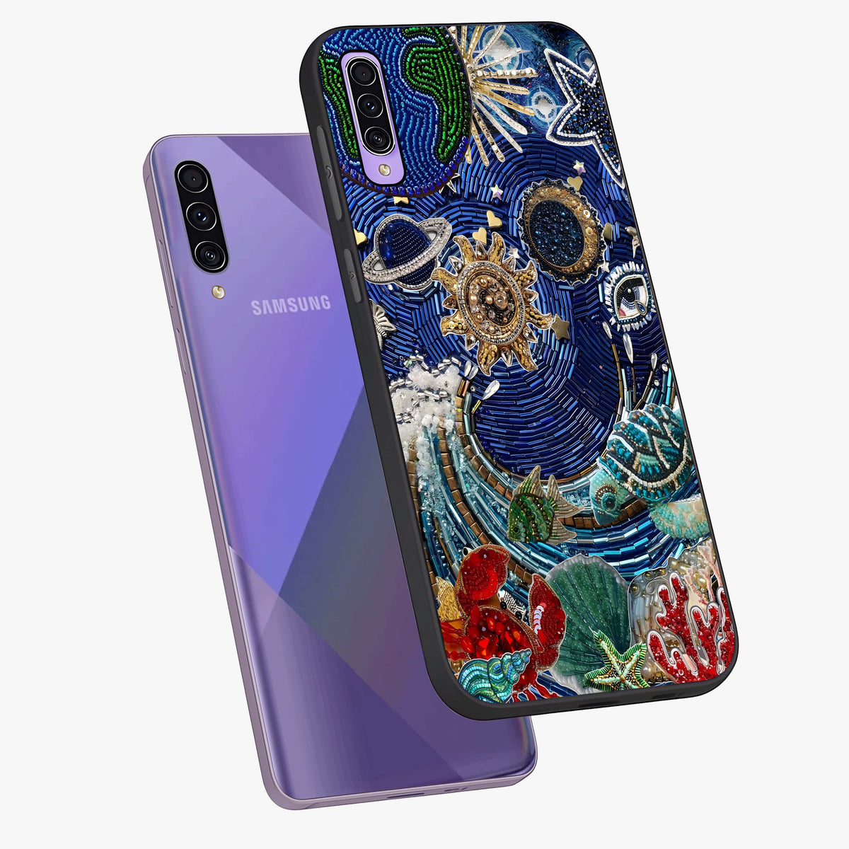 Universe Underwater Spark Glass Case displayed in angled mockup highlighting glowing aquatic design with celestial aesthetic.
