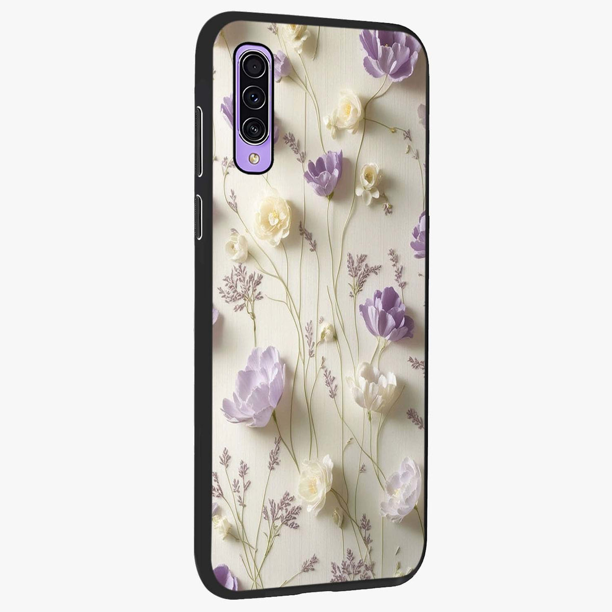 Lilac Breeze Harmony Glass Case upright view showcasing delicate lilac artwork with peaceful floral theme.