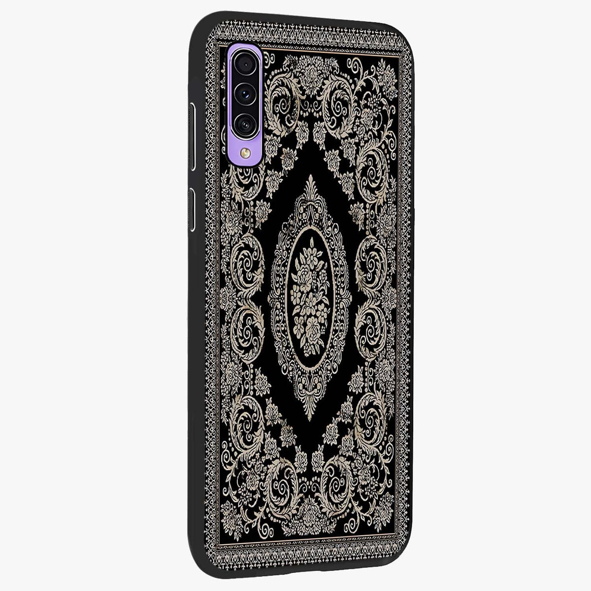 Noir Bloom Elegance Glass Case upright view showcasing graceful floral artwork with luxurious dark theme.