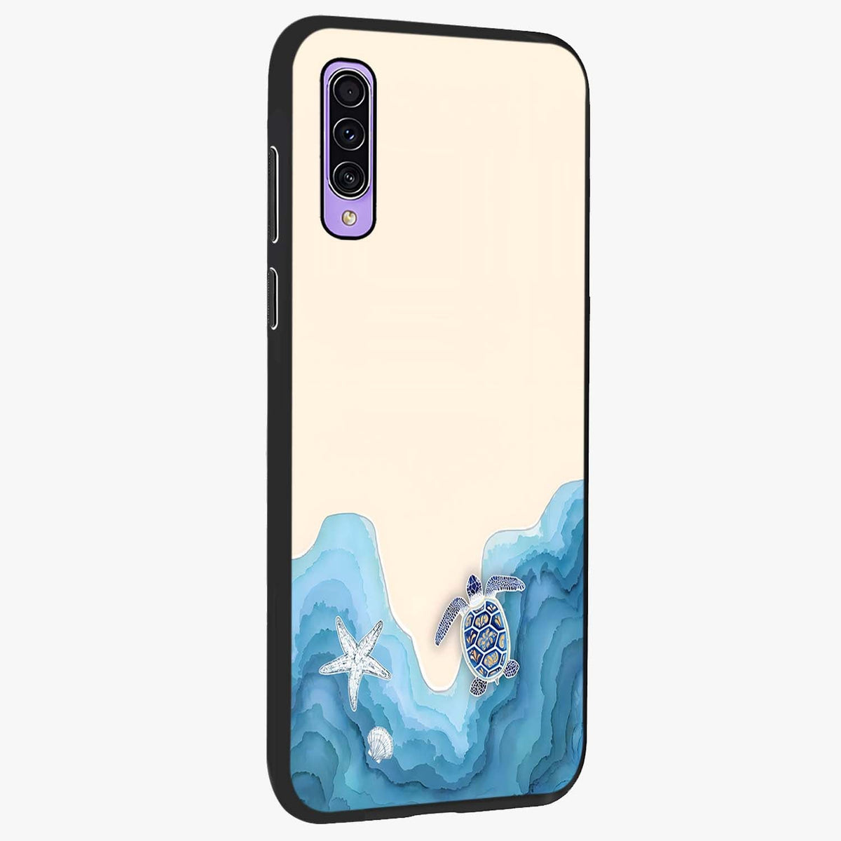 Ocean Drift Turtle Glass Case upright view showcasing calm underwater turtle artwork with nature inspired theme.