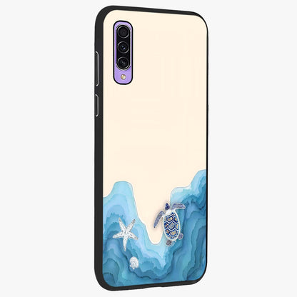 Ocean Drift Turtle Glass Case upright view showcasing calm underwater turtle artwork with nature inspired theme.
